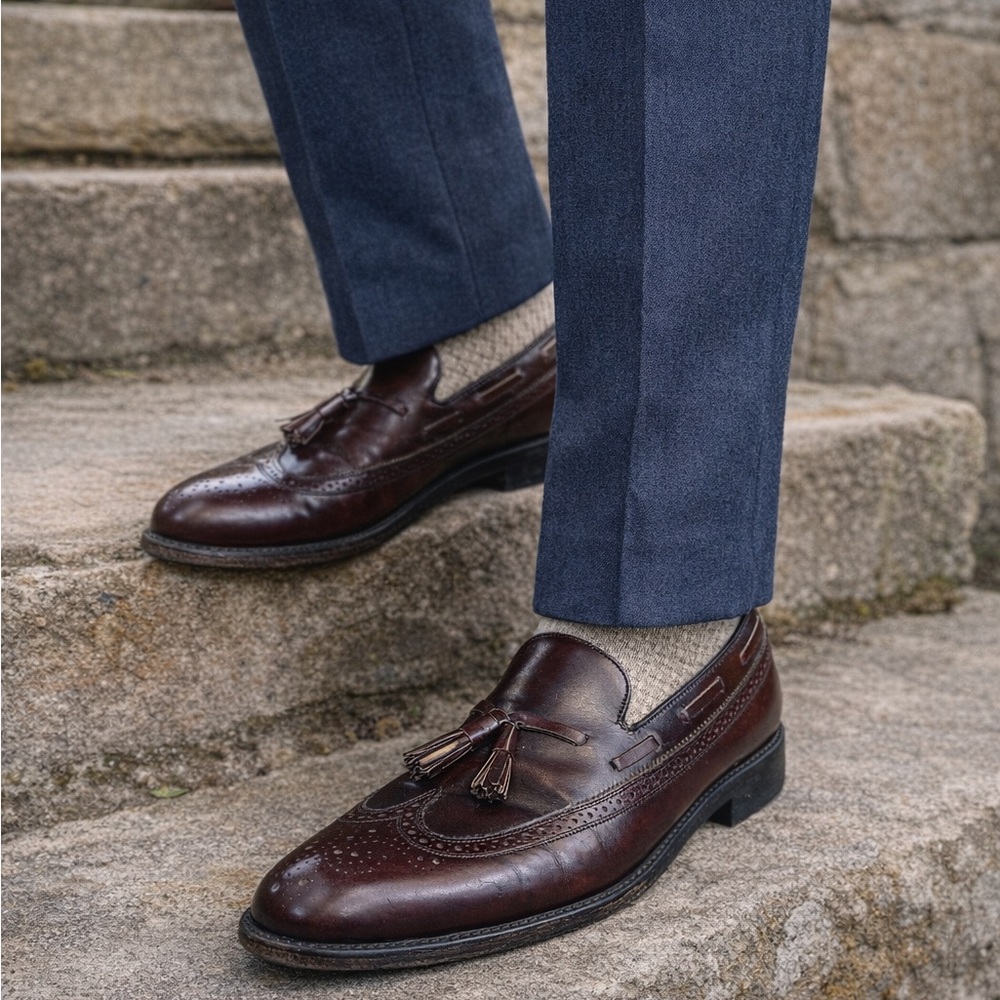 Vintage Florsheim Leather Tassel Loafer Burgundy Oxblood Brogue Detailing 13